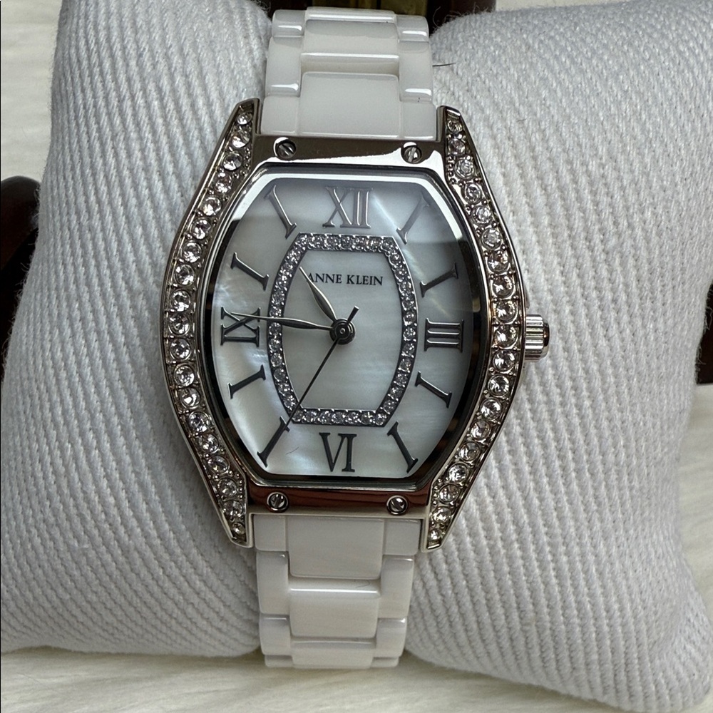 Anne Klein Crystal and Mother of Pearl White and Silver Women's Watch